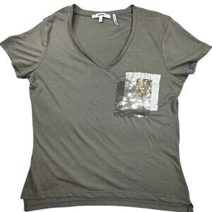 Koton Women’s Sequin Pocket V-Neck T-Shirt Khaki Green